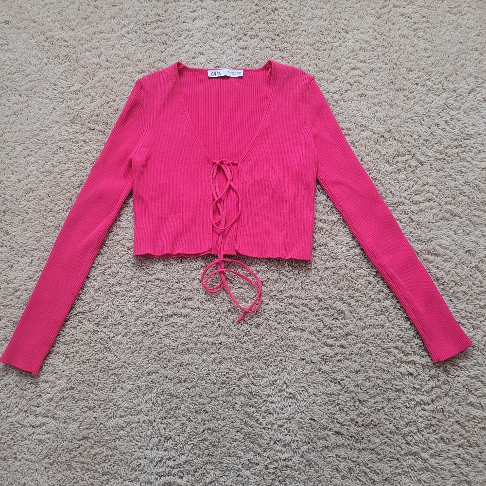 Zara Tie Front Y2K Ribbed Cropped Long Sleeve Cardigan Sweater Pink M